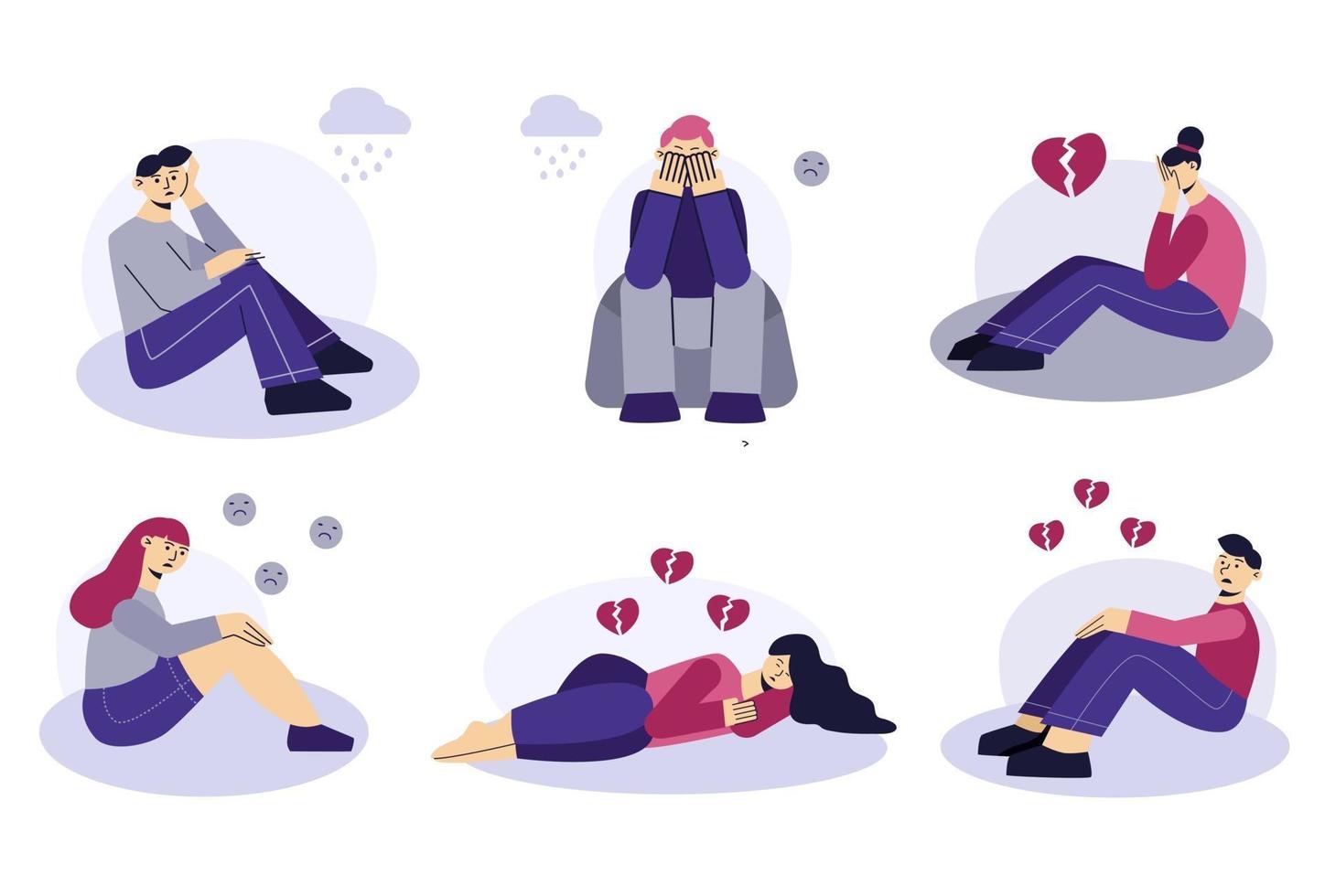 Sad people set of flat characters. Frustrated young men and women sit and lie on the ground. Broken heart, unhappy love. The concept of frustration, depression, psychotherapy. vector