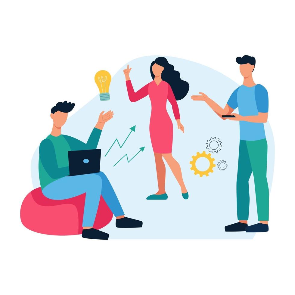 Concept of a startup community. Teamwork, discussion of issues, generation of ideas, creativity. Young men and women work together. Flat cartoon vector illustration.