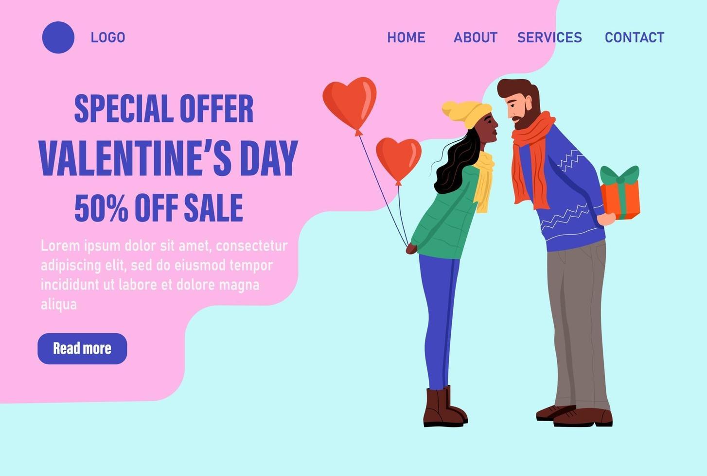 Oferta especial plantilla de vector de página de destino del día de San Valentín. pareja amorosa en ropa de invierno con globos intercambia regalos. Celebre el banner web tradicional del evento de invierno. ilustración vectorial plana