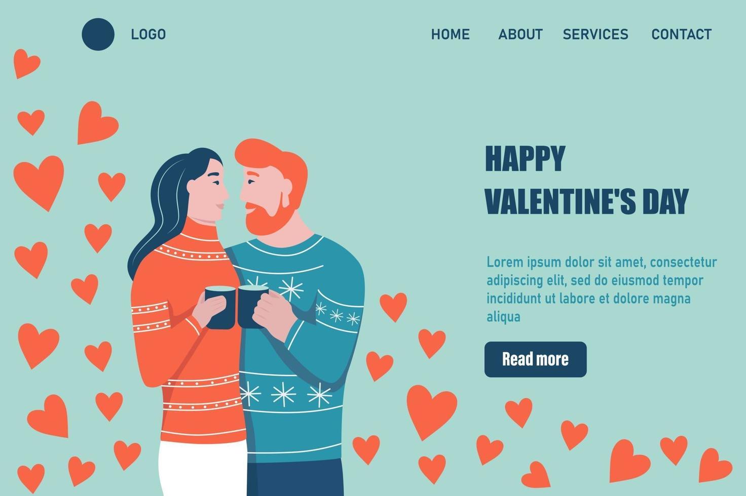 Happy Valentine's Day landing page vector template. Loving Couple hugs. A date, a man and a woman in love celebrate. Flat vector illustration