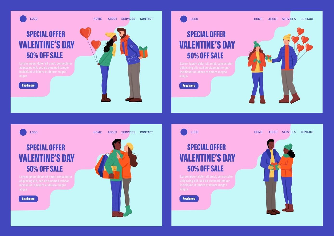 Special offer Valentine's day landing page vector template set. Loving couple in winter clothes with balloons exchange gifts. Celebrate traditional winter event web banner. Flat vector illustration