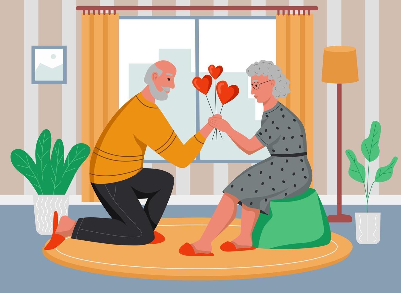 An elderly man gives an elderly woman balloons hearts. Seniors celebrate Valentine's day at home. Flat cartoon vector illustration.