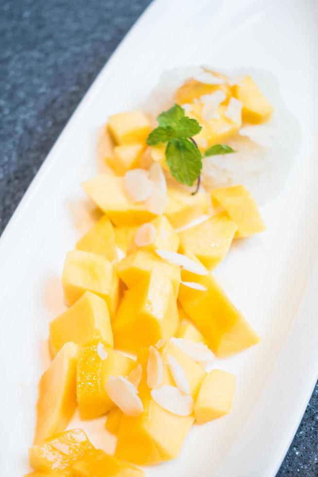 Mango with sticky rice on white plate photo
