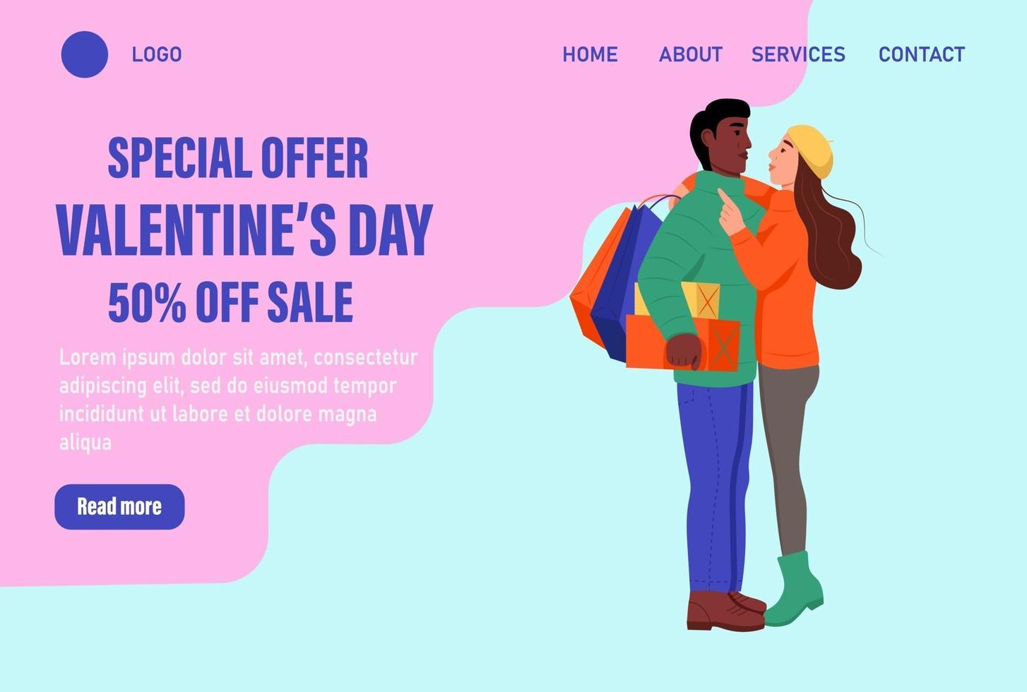 Oferta especial plantilla de vector de página de destino del día de San Valentín. pareja amorosa en ropa de invierno con globos intercambia regalos. Celebre el banner web tradicional del evento de invierno. ilustración vectorial plana