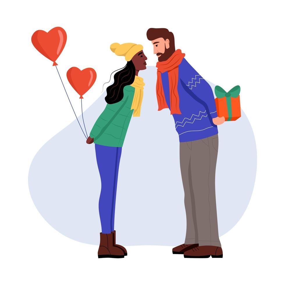 A young man and a woman in winter clothes with balloons and gifts in their hands. A couple in love is kissing. Flat cartoon vector illustration. Valentine's Day