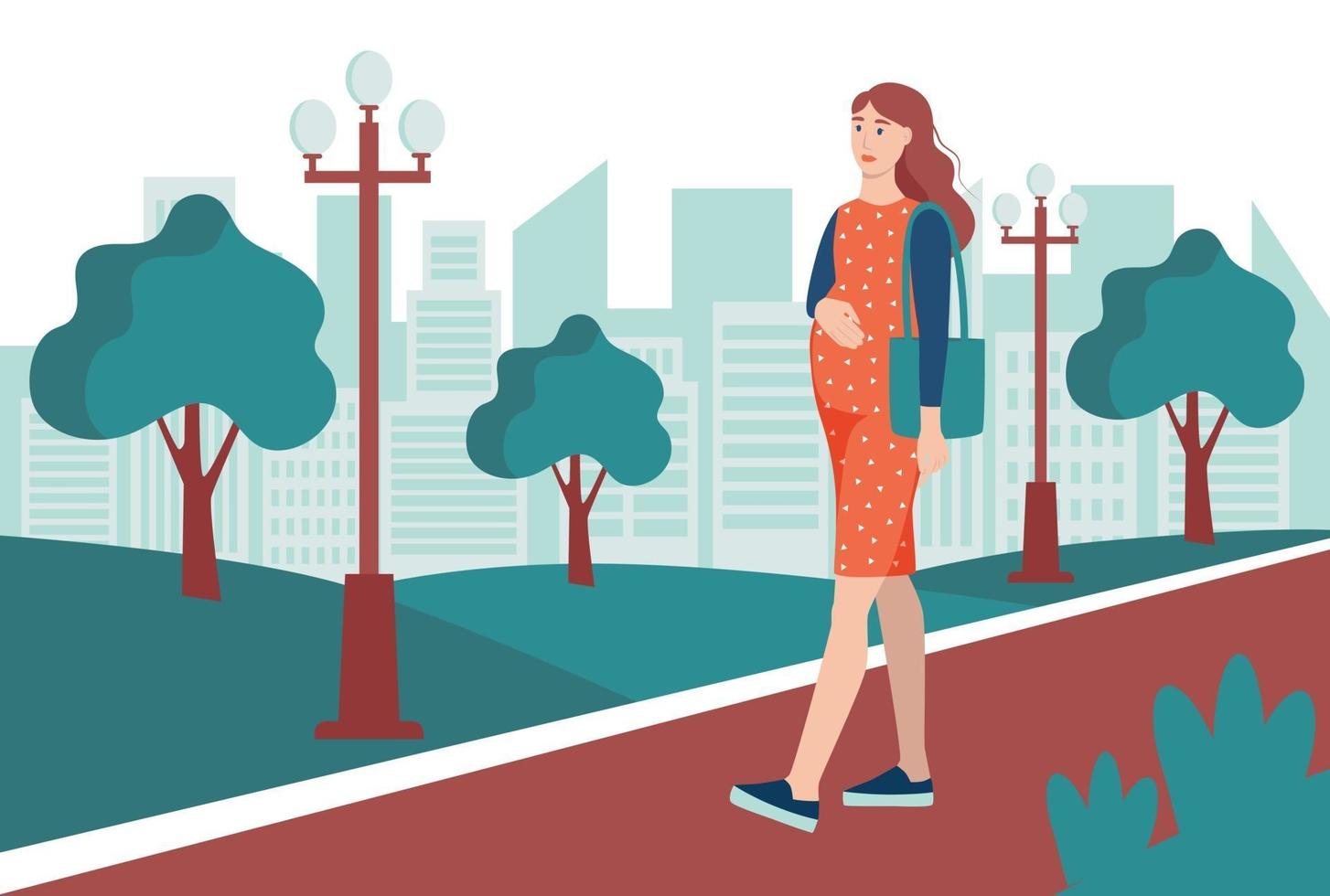 A young pregnant woman walks in the park, walking down the street. The concept of everyday activities and daily life. Flat cartoon vector illustration.