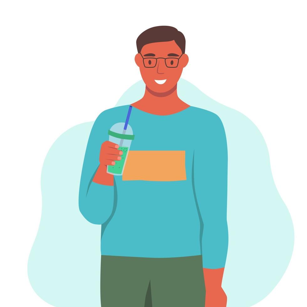 un joven bebe un batido, jugo fresco, un coctel. el concepto de nutrición adecuada, estilo de vida saludable. Ilustración de dibujos animados plana. vector