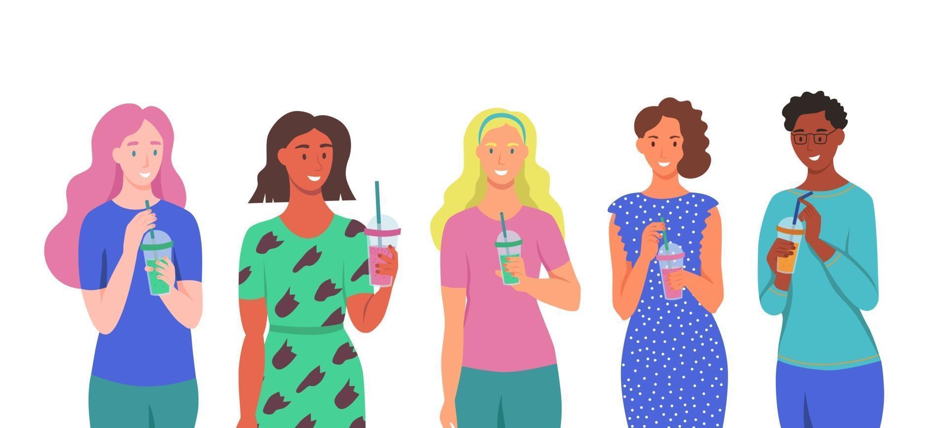 A set of characters. Young women drink smoothies, fresh juice, a cocktail. The concept of proper nutrition, healthy lifestyle. Flat cartoon illustration. vector