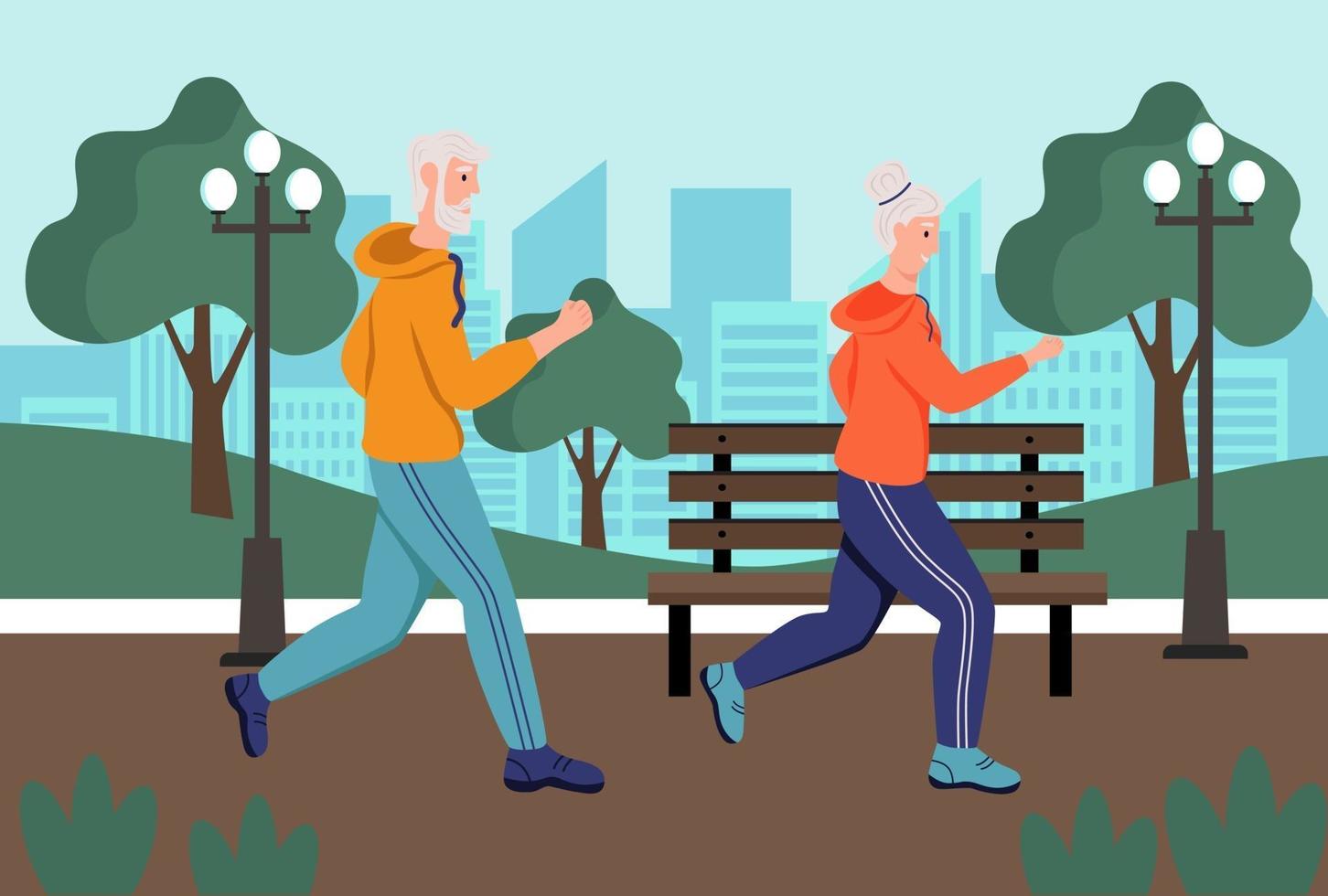 una pareja de ancianos corre en el parque. el concepto de vejez activa, deportes y carrera. día de la tercera edad. ilustración vectorial de dibujos animados plana. vector