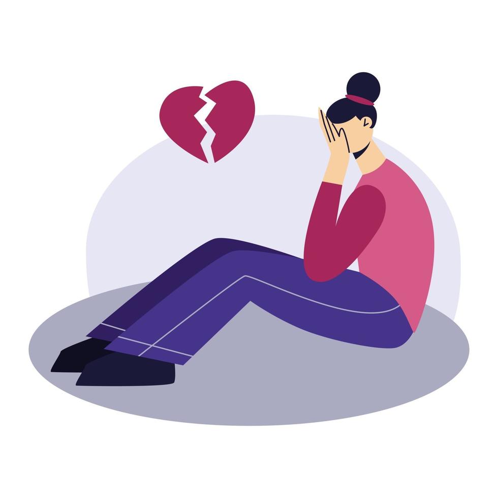 Sad young woman sitting on the ground. A woman crying. Upset girl looking down. Depression psychology concept. Flat character vector illustration.