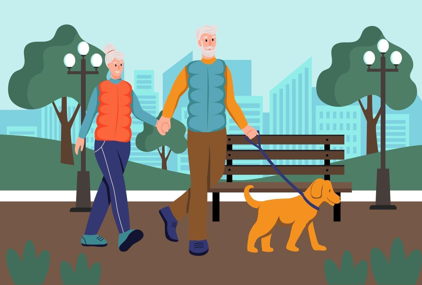 pareja de ancianos paseando a su perro en el parque.El concepto de vejez activa. día de la tercera edad. ilustración vectorial de dibujos animados plana. vector