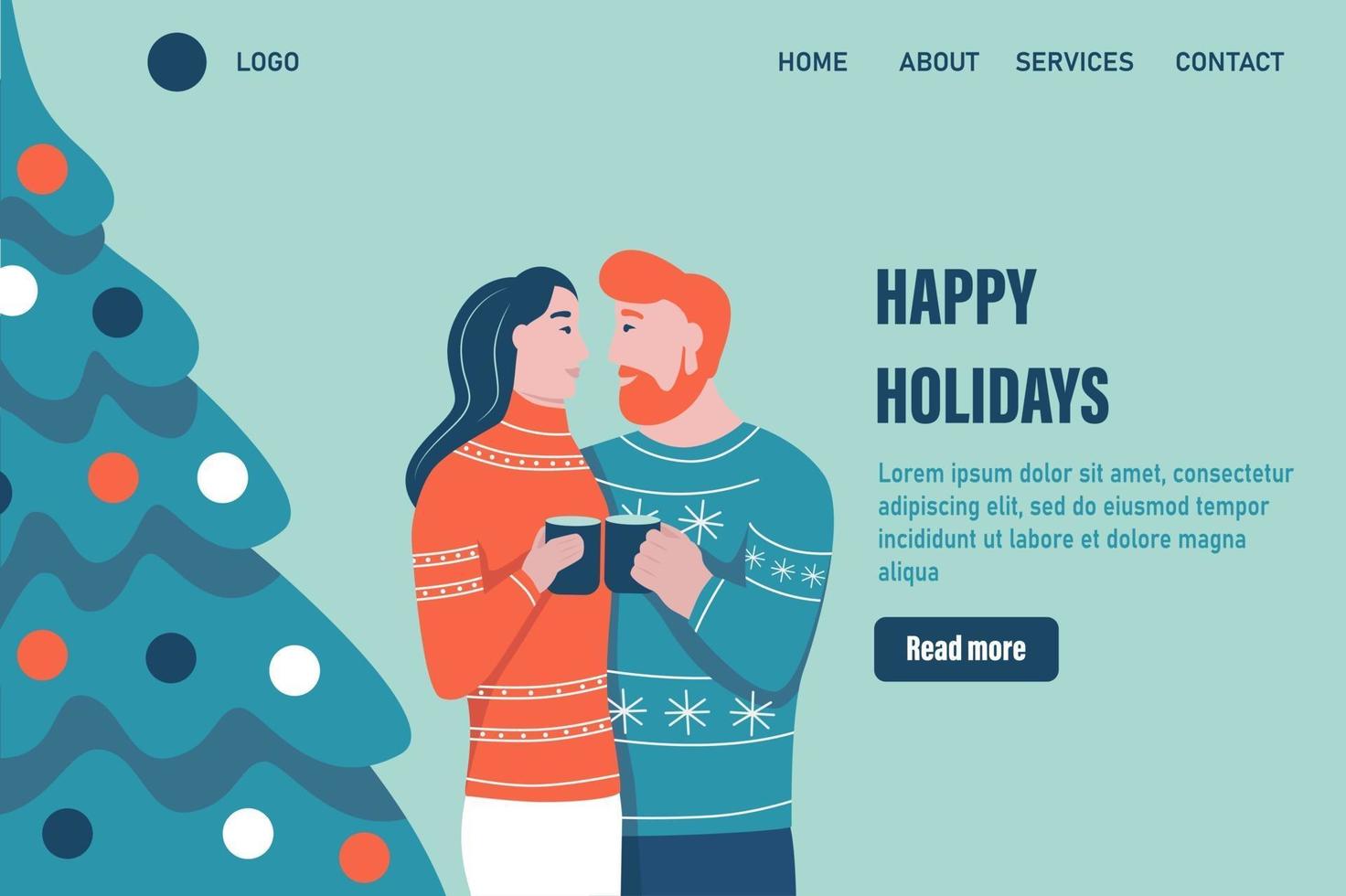 Happy xmas holidays landing page vector template. Loving couple hugs near the Christmas tree and celebrates Christmas. Celebrate traditional winter event web banner. Flat vector illustration