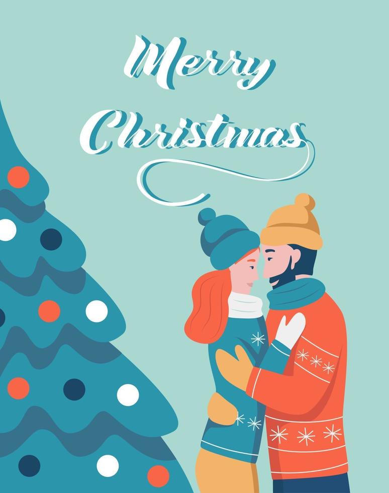 tarjeta de Navidad. un par de abrazos junto a un árbol de navidad. letras feliz navidad. ilustración vectorial. pancarta, póster, plantilla. vector