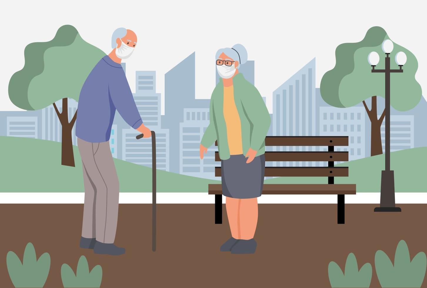 Eldery in protective face dust masks wolk in park. Protection from urban air pollution, smog, vapor. Coronavirus quarantine, respiratory virus concept. Flat cartoon  vector illustration.