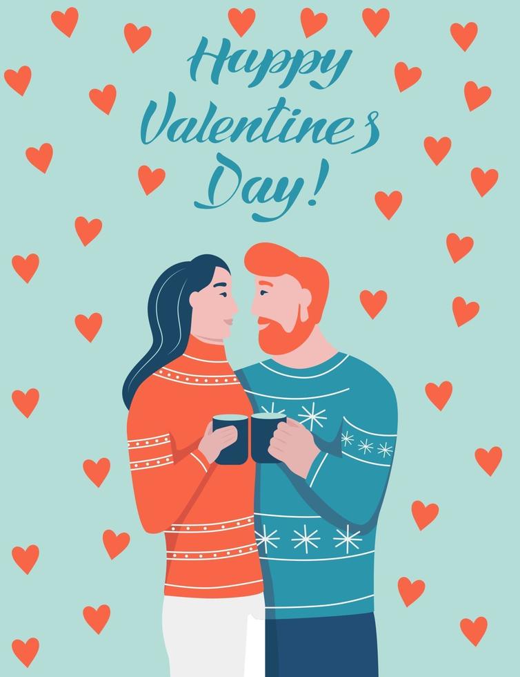 Valentine's day lettering card. Couple in love hugging. A man with a red beard and a woman with dark hair laugh and look at each other. Flat vector illustration.