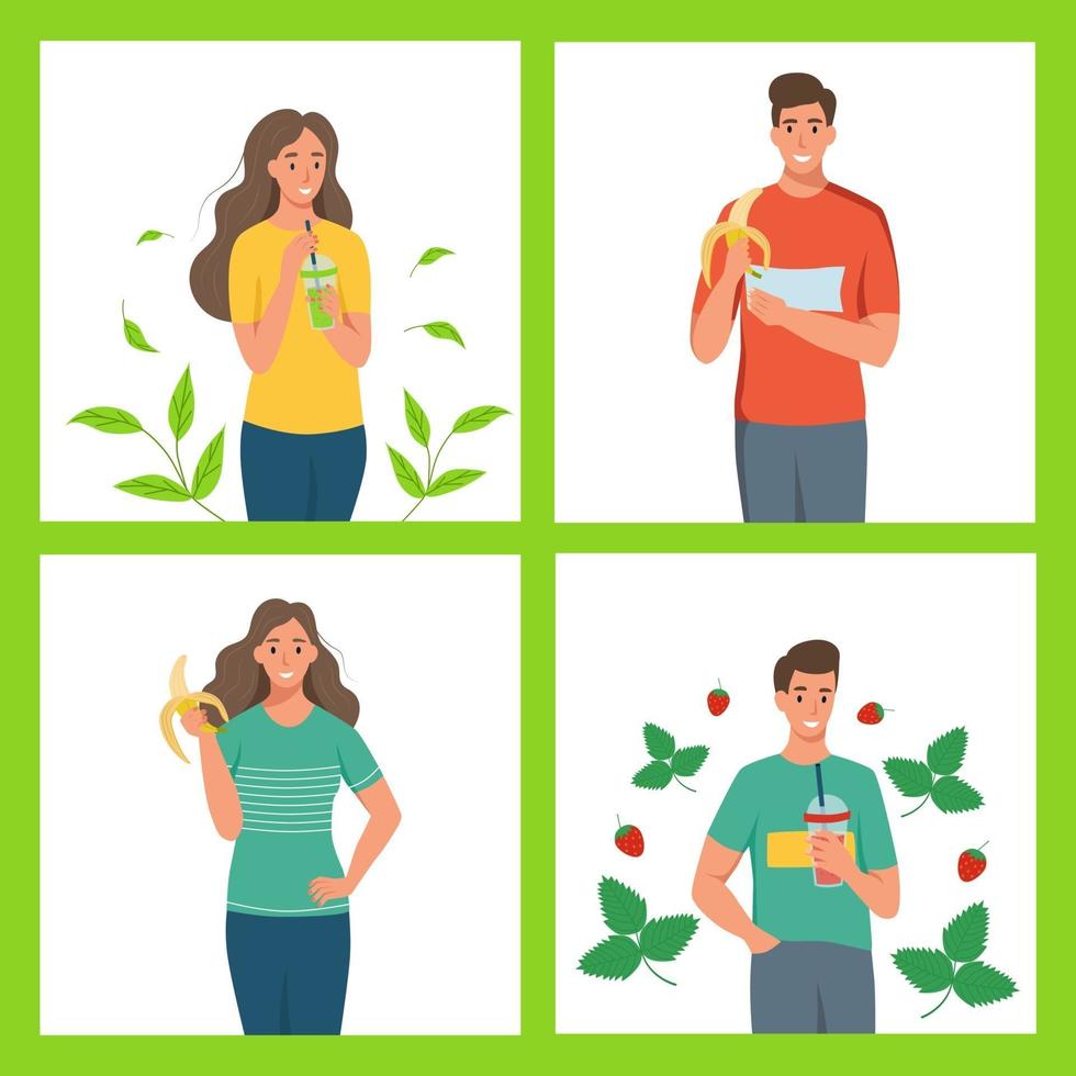 un conjunto de personajes de un estilo de vida saludable. los hombres y mujeres jóvenes comen frutas y beben batidos. ilustración vectorial de dibujos animados plana. vector
