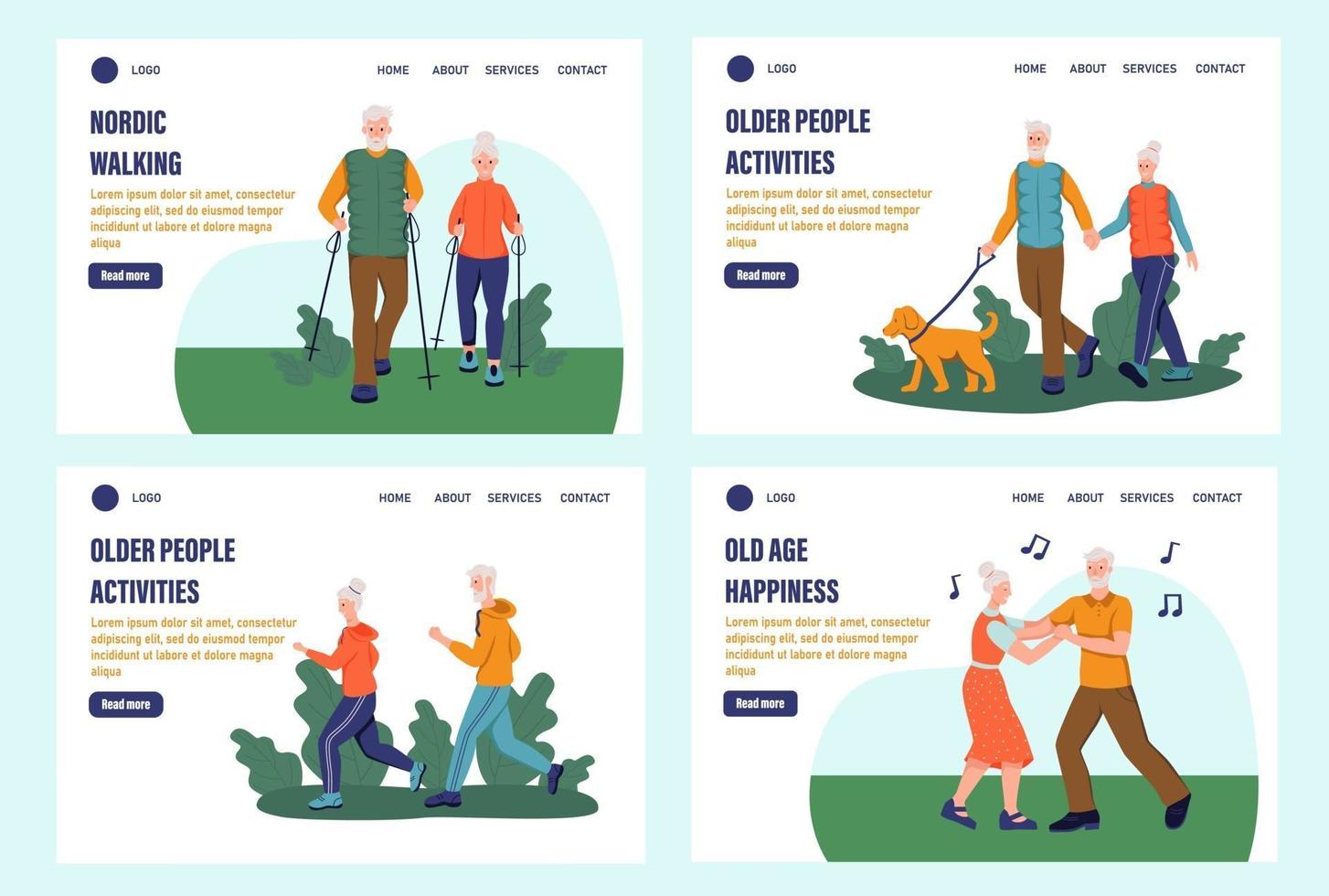Elderly people landing page set. Pensioners run, walk, dance, walk in the Park. Template, banner. Flat vector illustration