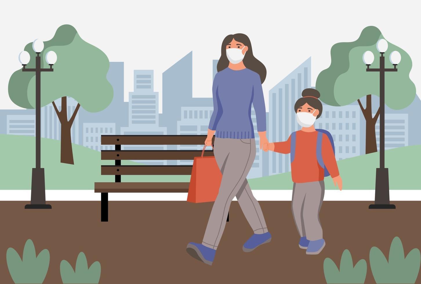 Woman with child in protective face dust masks wolk in park. Protection from urban air pollution, smog, vapor. Coronavirus quarantine, respiratory virus concept. Flat cartoon  vector illustration.