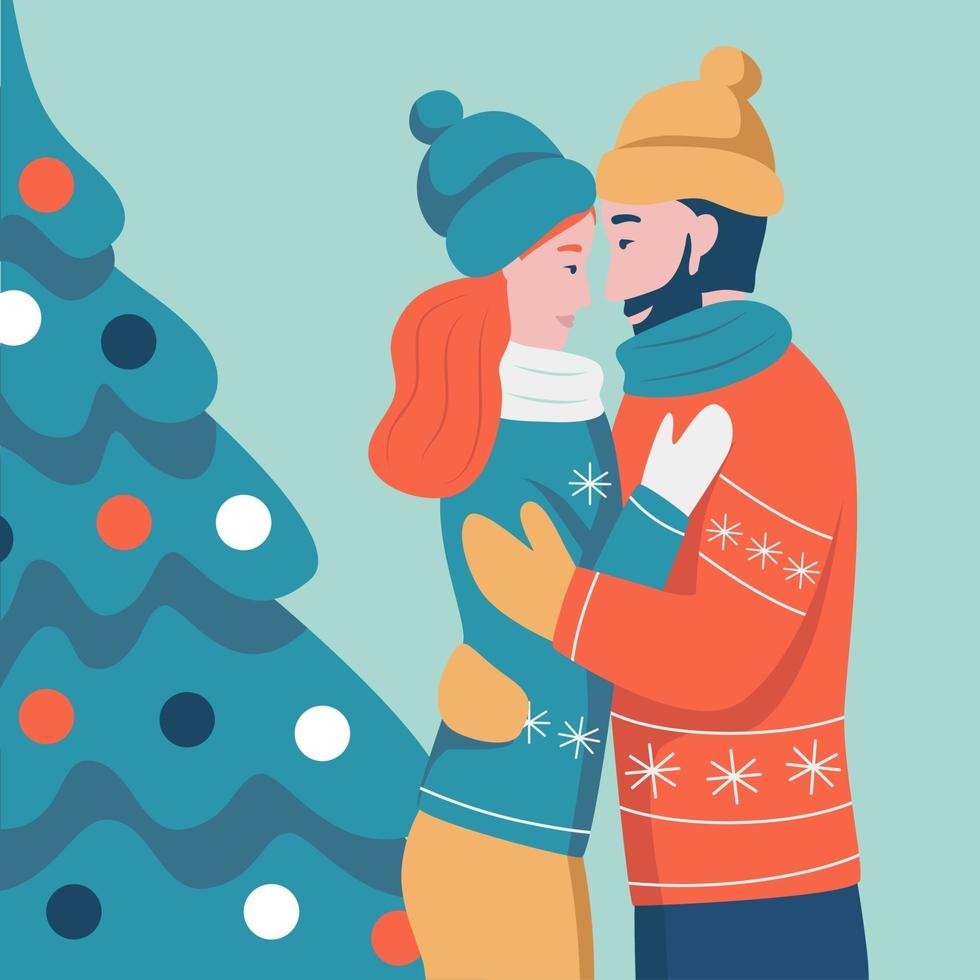 Christmas card. Couple in love hugging on the background of the Christmas tree.  Flat vector illustration. Banner, poster, template.