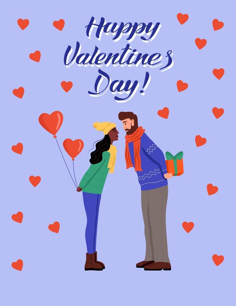 Greeting card for Valentine's day. The couple exchange gifts and kiss. Lettering happy Valentine's day. Flat vector illustration.