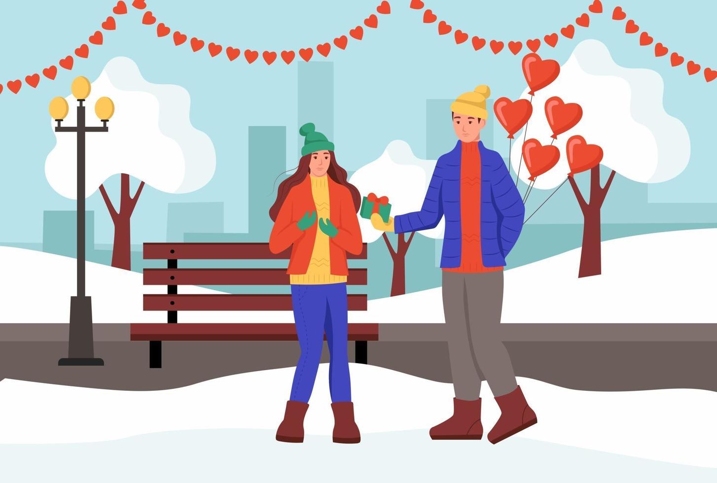 una pareja intercambia regalos y se besa en un parque de invierno. un hombre y una mujer jóvenes celebran el día de san valentín. ilustración vectorial plana. vector