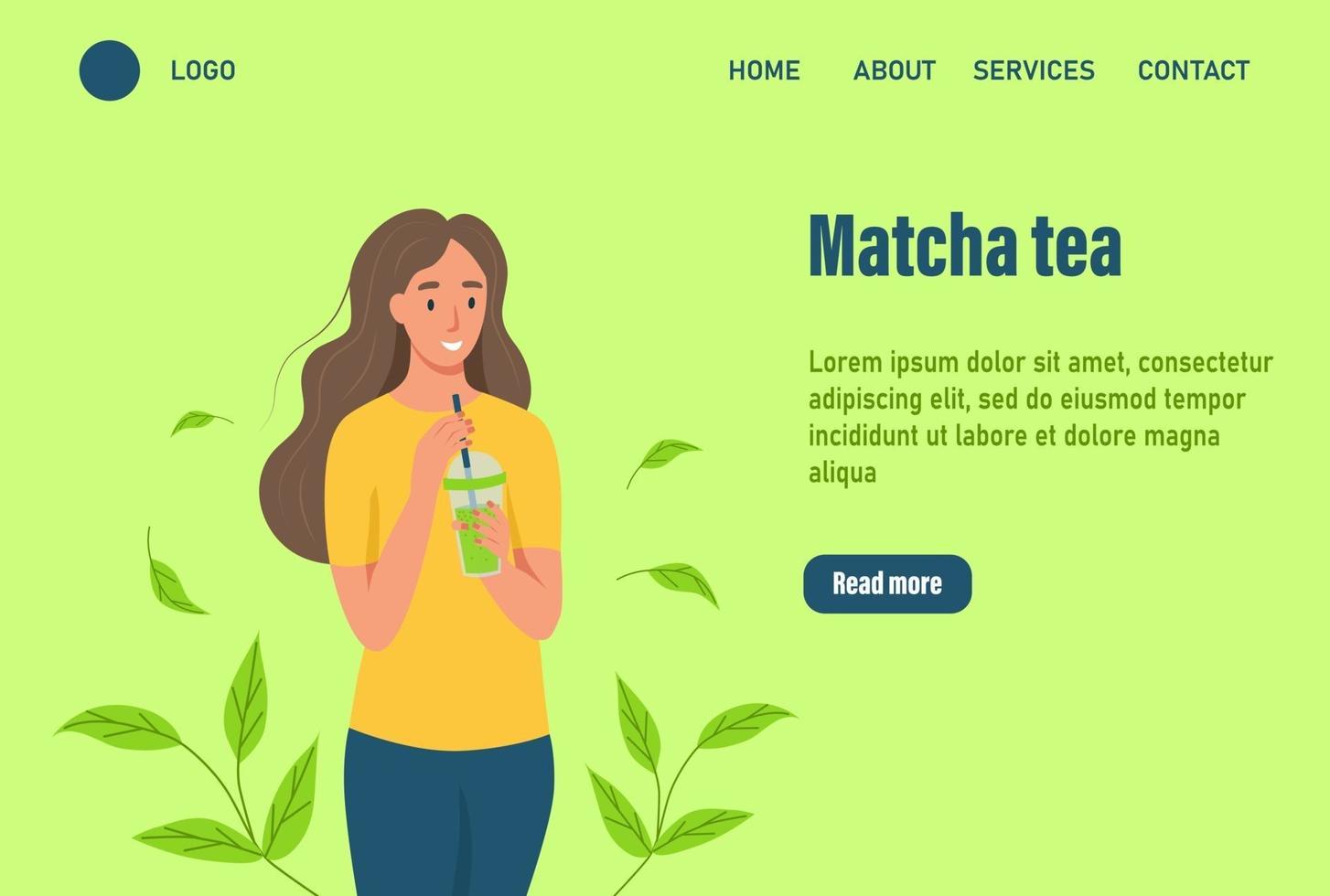 una mujer bebe té matcha página de inicio. el concepto de una nutrición adecuada y un estilo de vida saludable. página de inicio del sitio web plantilla de página web de aterrizaje ilustración vectorial. vector