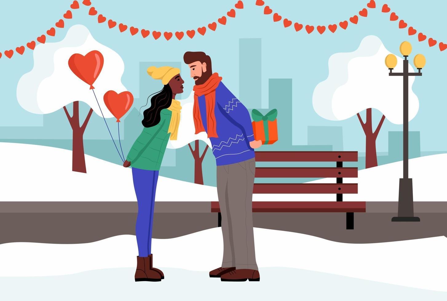 una pareja intercambia regalos y se besa en un parque de invierno. un hombre y una mujer jóvenes celebran el día de san valentín. ilustración vectorial plana. vector