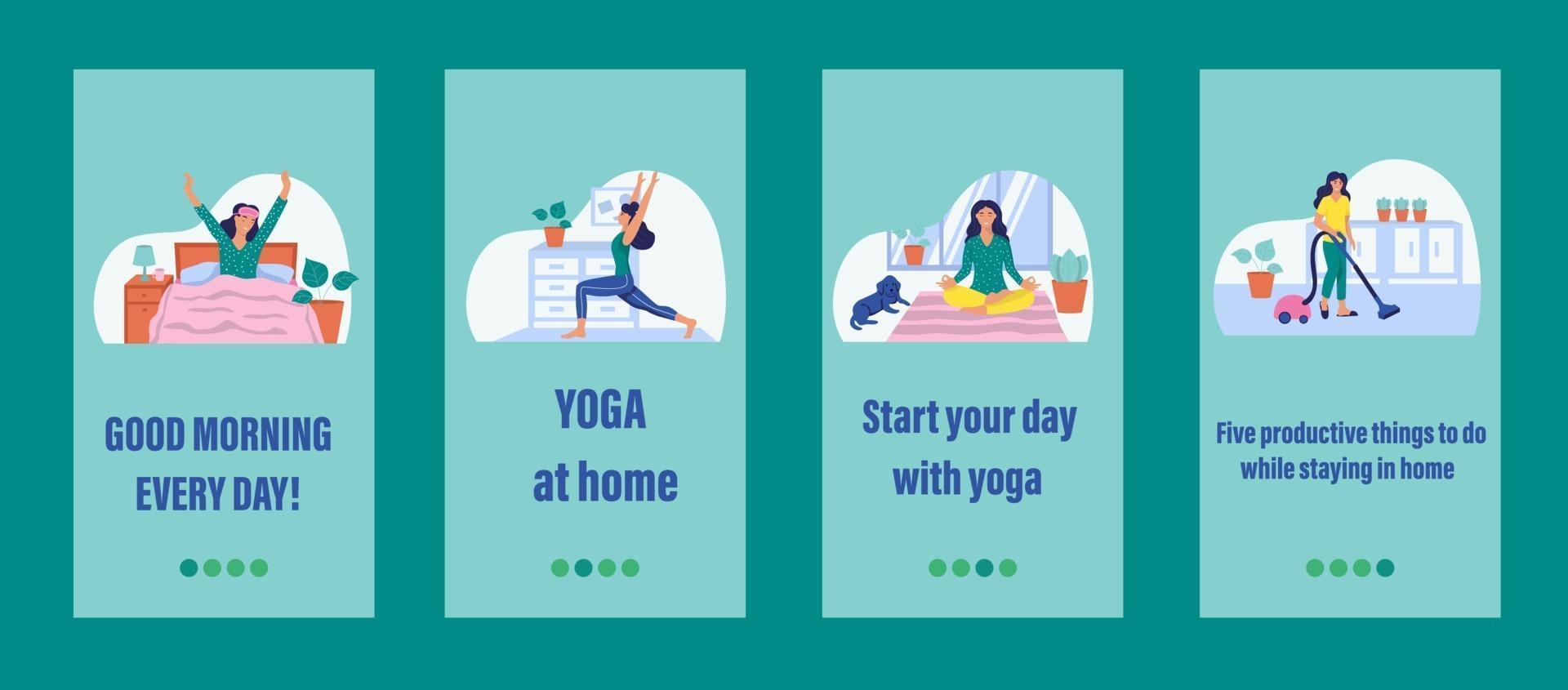 Daily life mobile app template. Concept of home Affairs, self-isolation, sports at home. Flat vector illustration.