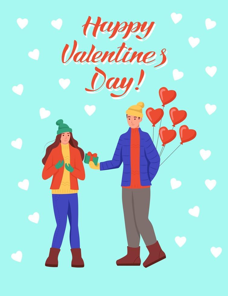 tarjeta de felicitación para el día de san valentín. la pareja intercambia regalos. letras feliz día de san valentín. ilustración vectorial plana. vector