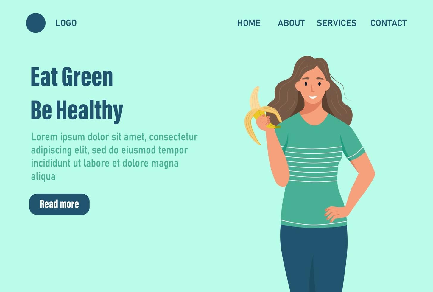 A woman eats a banana landing page. The concept of proper nutrition and a healthy lifestyle. Website homepage landing web page template.Vector illustration vector