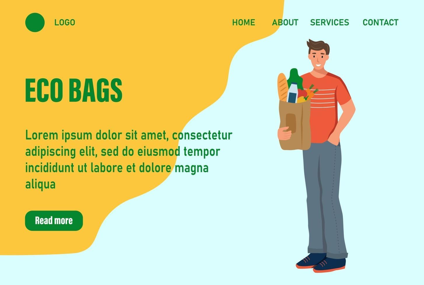 un hombre sostiene una bolsa de la página de destino de comestibles. concepto de reciclaje, ecología, cuidado de la naturaleza. página de inicio del sitio web plantilla de página web de aterrizaje ilustración vectorial. vector