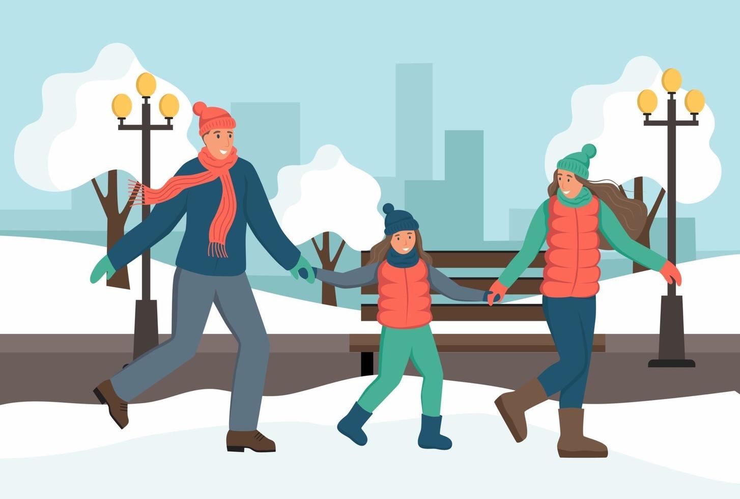 paseos familiares en el parque de invierno. diversión de invierno, actividades al aire libre. ilustración vectorial plana. vector