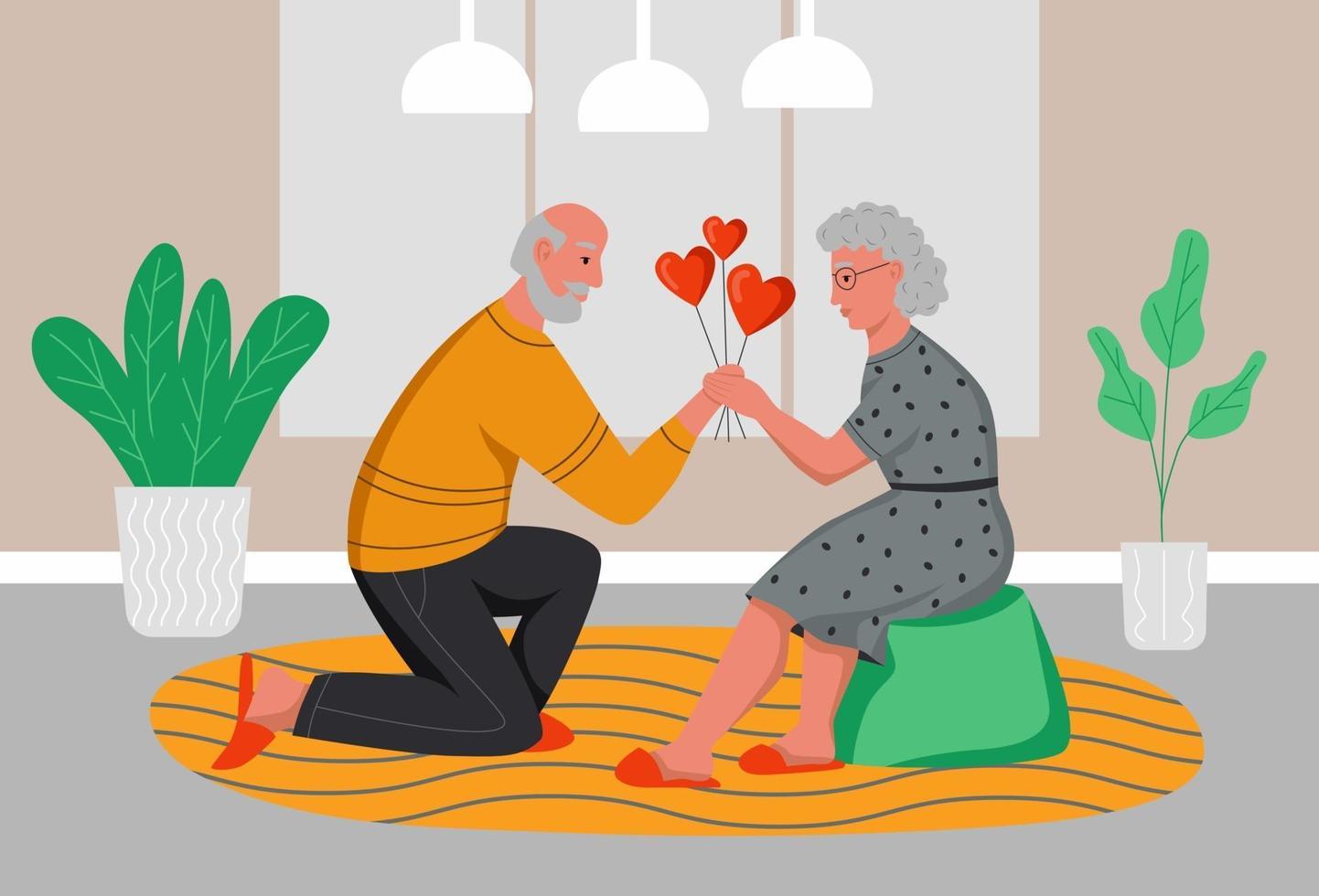un anciano regala corazones de globos a una anciana. las personas mayores celebran el día de san valentín en casa. ilustración vectorial de dibujos animados plana. vector
