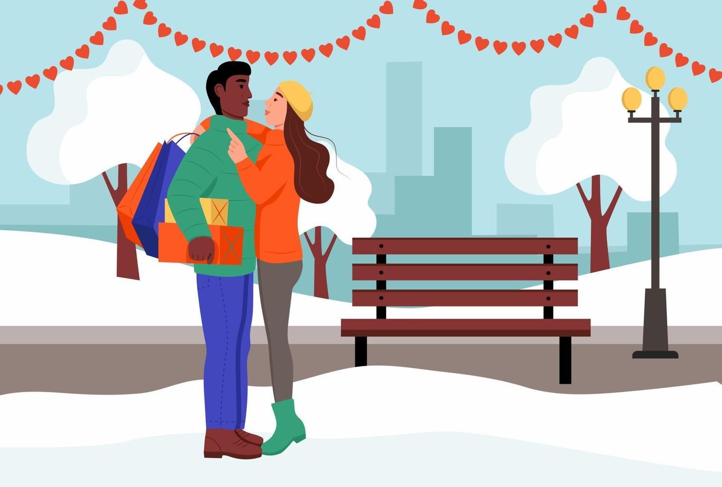 una pareja amorosa se abraza en un parque el día de San Valentín. joven y mujer con regalos y paquetes de la tienda. ilustración vectorial plana. vector