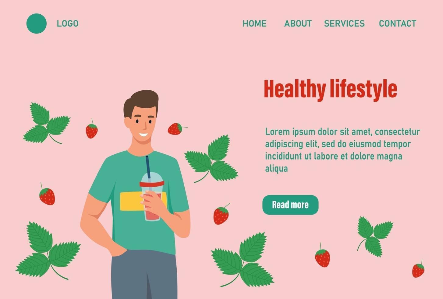 A man drinks a strawberry smoothie landing page. The concept of proper nutrition and a healthy lifestyle. Website homepage landing web page template Vector illustration