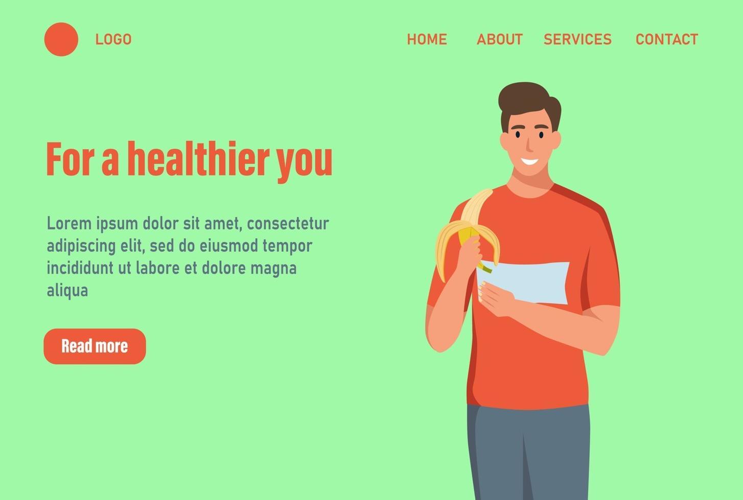 A man eats a banana landing page. The concept of proper nutrition and a healthy lifestyle. Website homepage landing web page template.Vector illustration vector