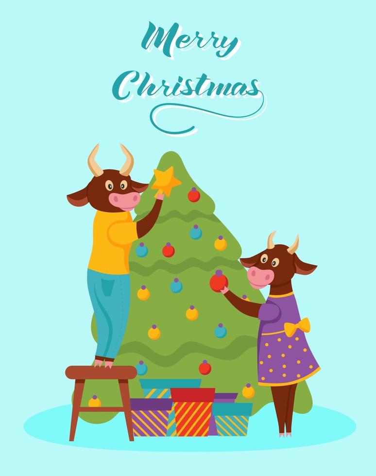 Christmas card. Bulls decorate the Christmas tree. Lettering Merry Christmas. Vector illustration. Banner, poster, template.