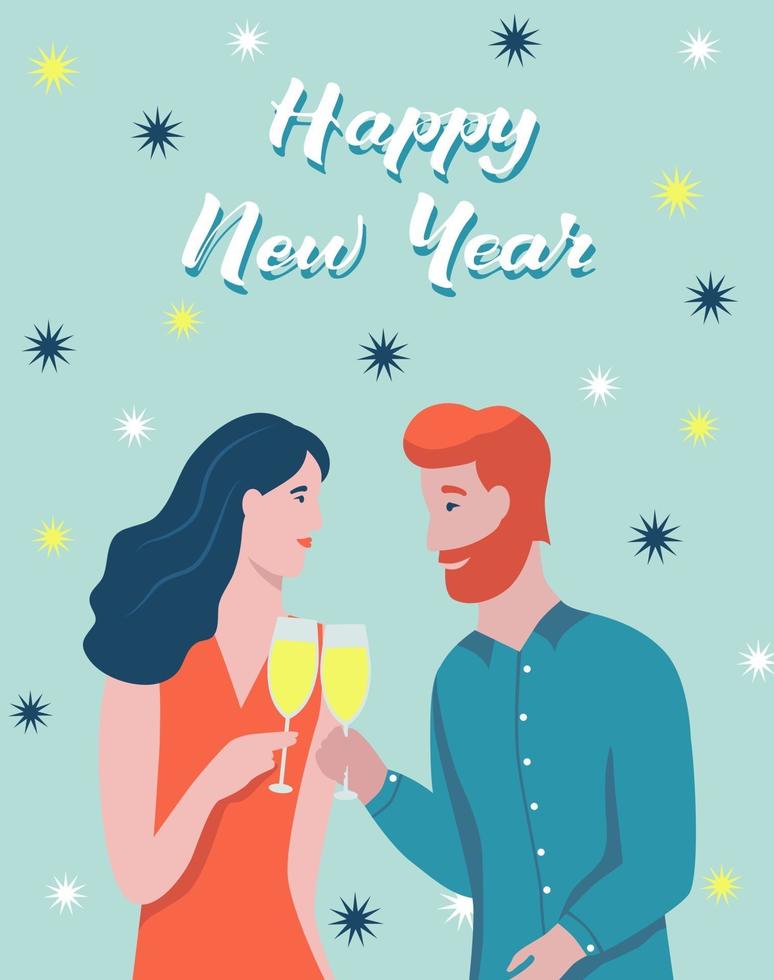 tarjeta de Navidad. la pareja bebe champán. letras feliz año nuevo. ilustración vectorial. pancarta, póster, plantilla. vector