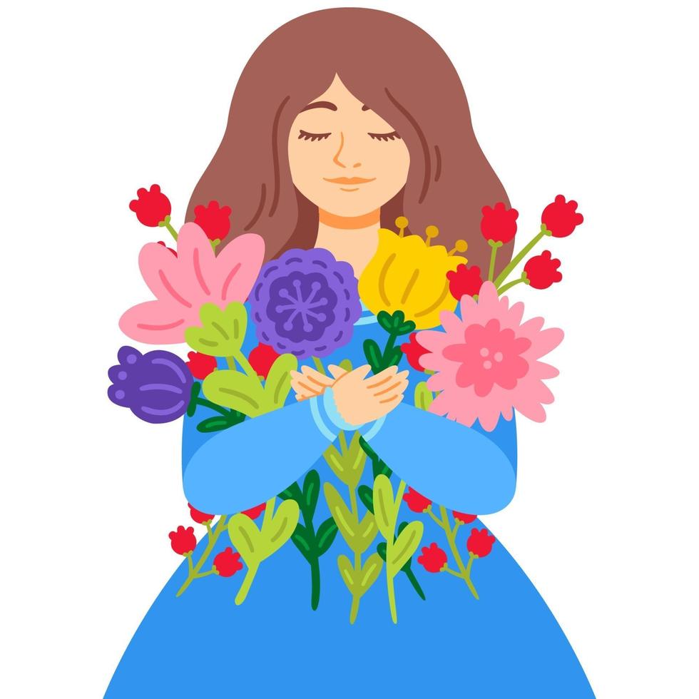 mujer con un vestido azul con un ramo de flores. día de la Madre. 8 de marzo concepto de tarjeta de felicitación del día internacional de la mujer. ilustración vectorial aislado sobre fondo blanco. vector