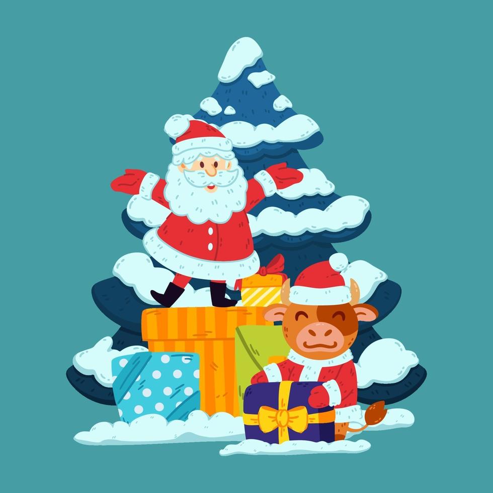 lindo torito y santa claus con regalos y árbol. símbolo de buey del año nuevo chino 2021. feliz navidad y feliz año nuevo diseño de carteles de tarjetas de felicitación. ilustración vectorial fondo aislado. vector