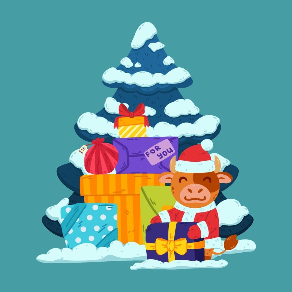 lindo torito disfrazado de santa claus con árbol y regalos. buey símbolo del año nuevo chino 2021. feliz navidad y feliz año nuevo tarjeta de felicitación, diseño de carteles. ilustración vectorial. vector