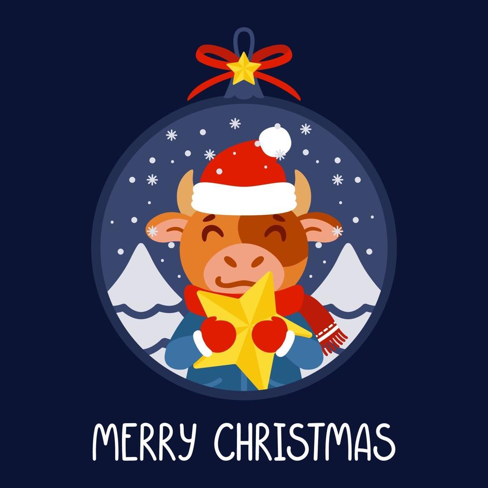 Christmas ball with the image of bull holding a yellow star. The symbol of the Chinese New Year 2021. Greeting card with ox for the New Year and Christmas. Vector illustration.