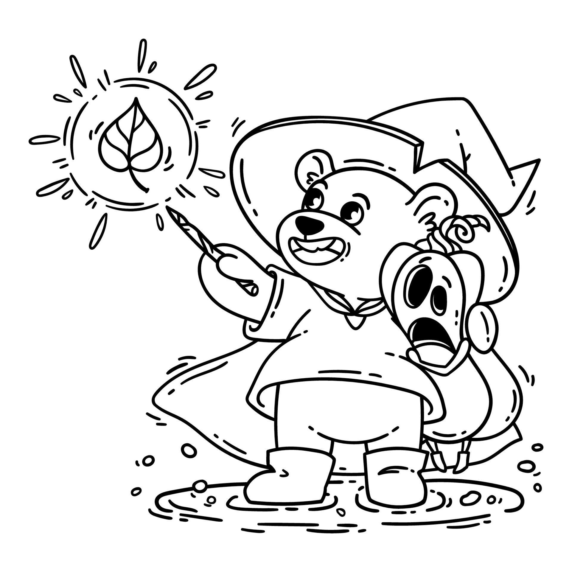Magician bear in witch hat, raincoat and boots, hugs Halloween shocked