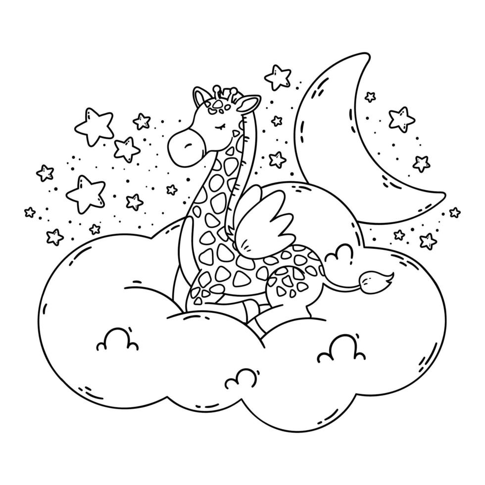 Cute poster with giraffe, moon, stars, cloud on a dark background. Vector illustration for coloring book isolated on white background. Good night nursery picture.