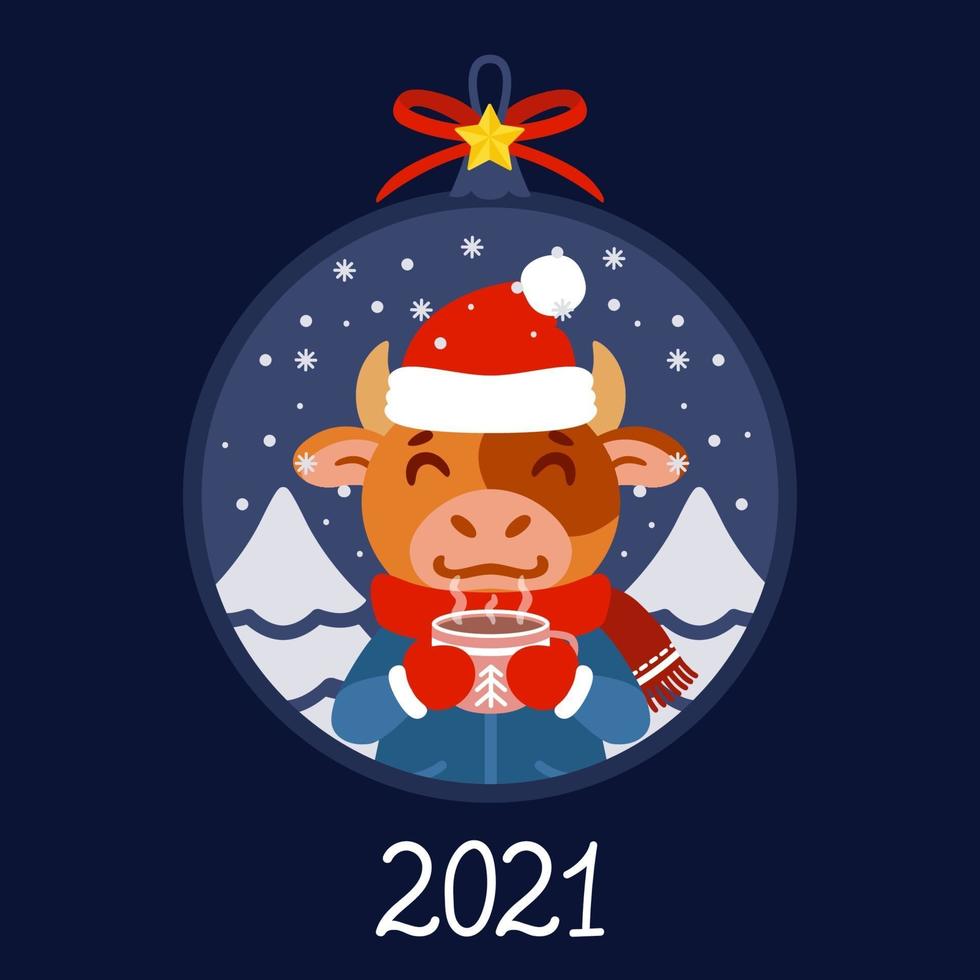 Christmas ball with the image of bull with cup tea. Ox in winter wear with a cocoa standing in snow. Greeting card for the New Year and Christmas 2021. Vector illustration. Scandinavian style.