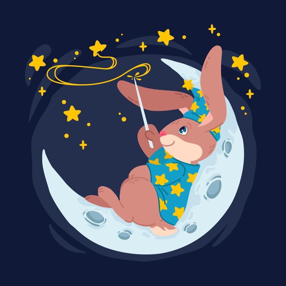 mago conejo con varita mágica hace estrellas en el cielo acostado sobre la luna. mago de conejito con sombrero de bruja sentado en la media luna. vector ilustración infantil para libros infantiles, carteles de guardería y ropa.