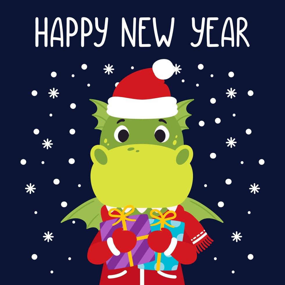 Dragon holds gifts. Happy new year greeting card with dinosaur. Vector illustration with cute character isolated background. Hand drawn lettering.