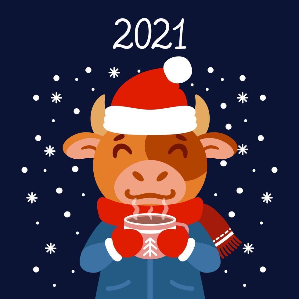 The bull with a cup of tea in winter wear. Ox with a cocoa standing in snow. The symbol of the Chinese New Year 2021. Greeting card with a mouse for the New Year and Christmas. vector