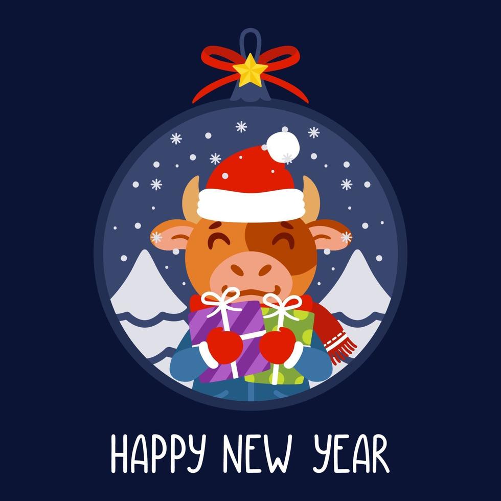 Christmas ball with the image of bull holding gifts. The symbol of the Chinese New Year 2021. Greeting card with a ox for the New Year and Christmas. Vector illustration. Scandinavian style.