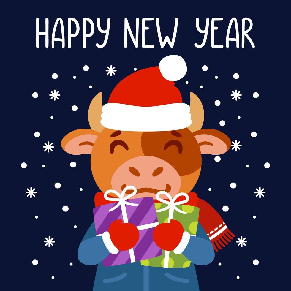 Bull holds gifts. The symbol of Chinese New Year 2021. Greeting card with ox. Vector illustration with cute character isolated background. Hand drawn lettering.